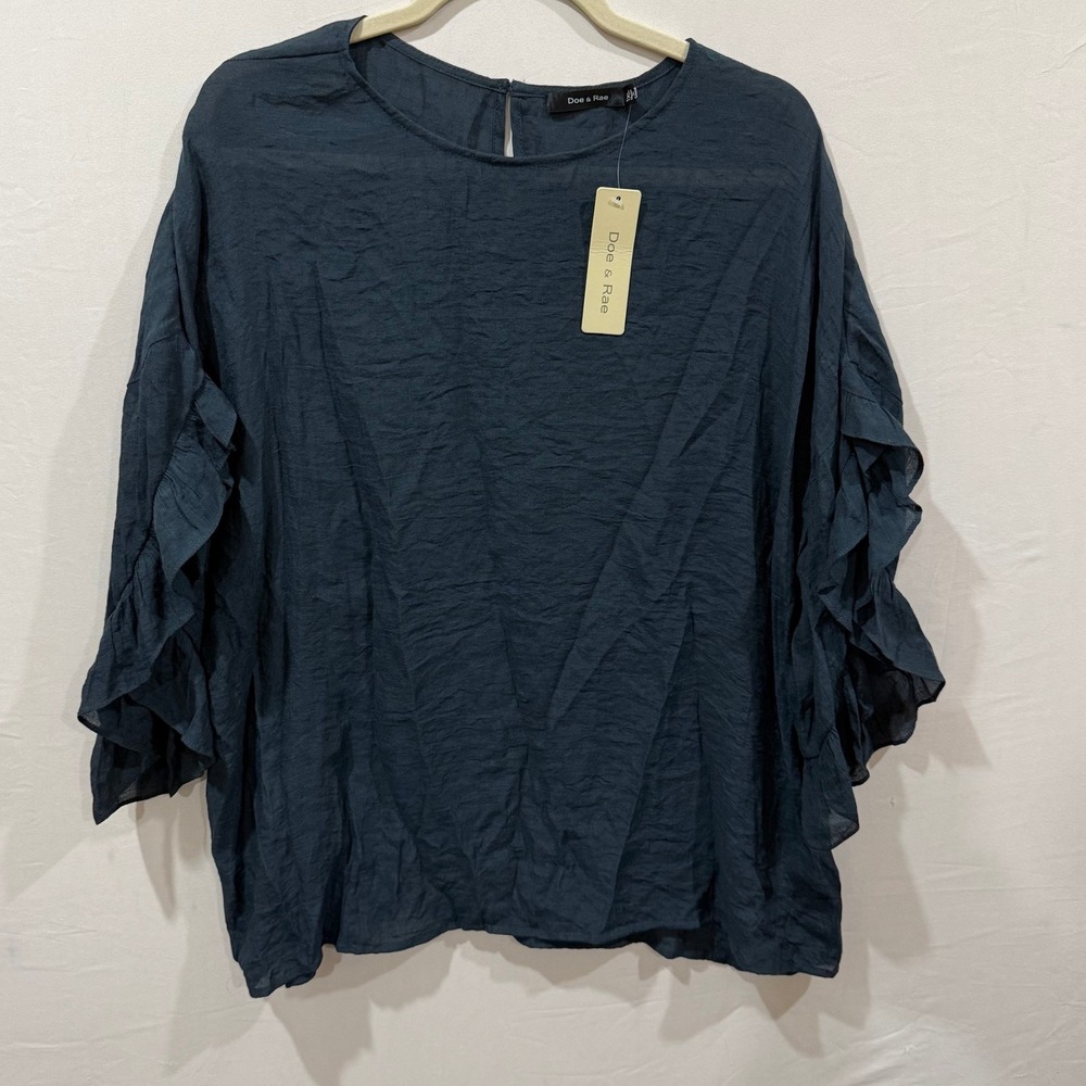 Doe & Rae Womens Plus 1XL Navy Blue Ruffle Sleeve Keyhole Back Blouse 10836TPL